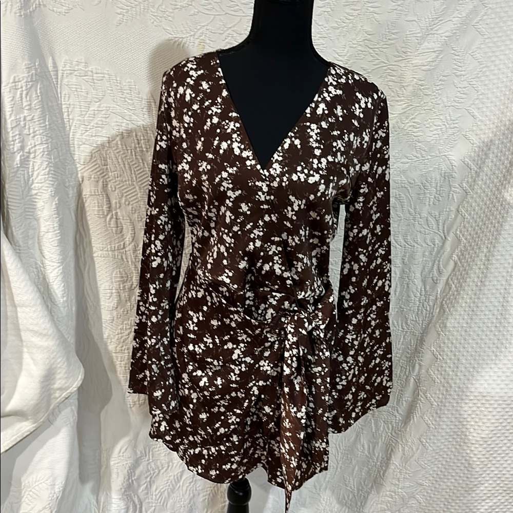 Wayf Brown Floral Wrap Dress